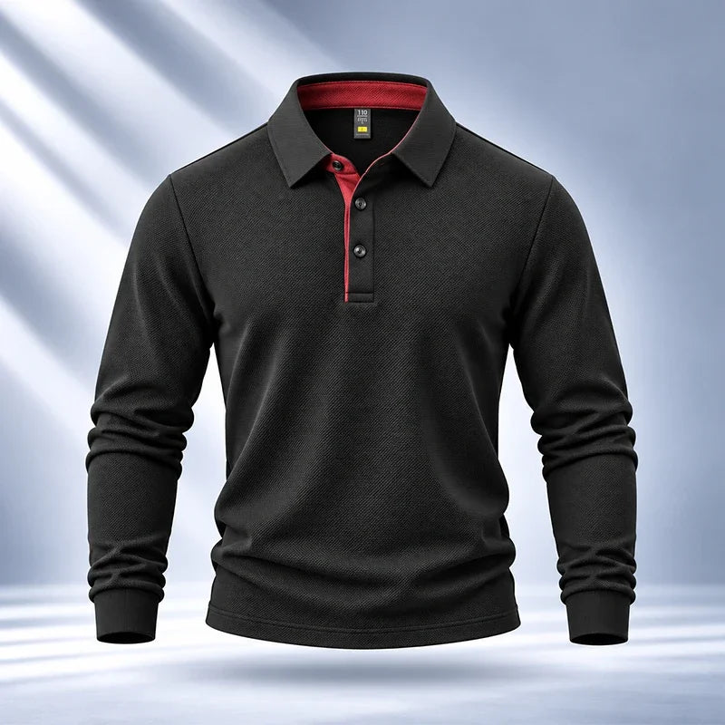 Premium Fabric Mens Polo Long Sleeve Shirt Fine Workmanship Turn Down Collar Top For Weekend Outdoor Scenes