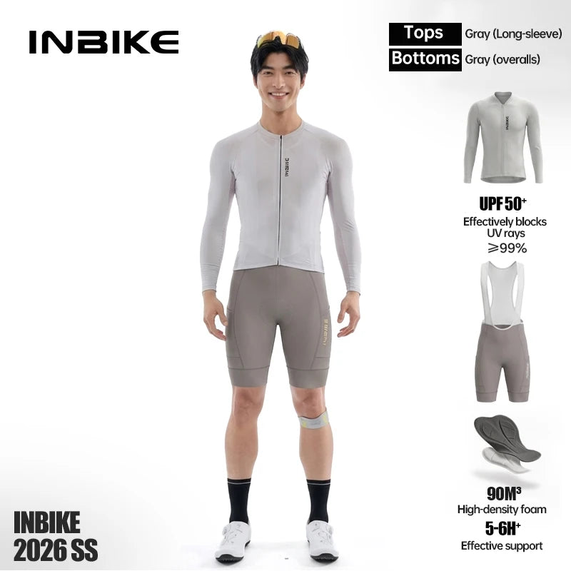 INBIKE Spring Men's Cycling Set Long Sleeve Road Bike Jersey Breathable Bib Shorts Quick-Dry Road Bike Clothing Man with Pockets