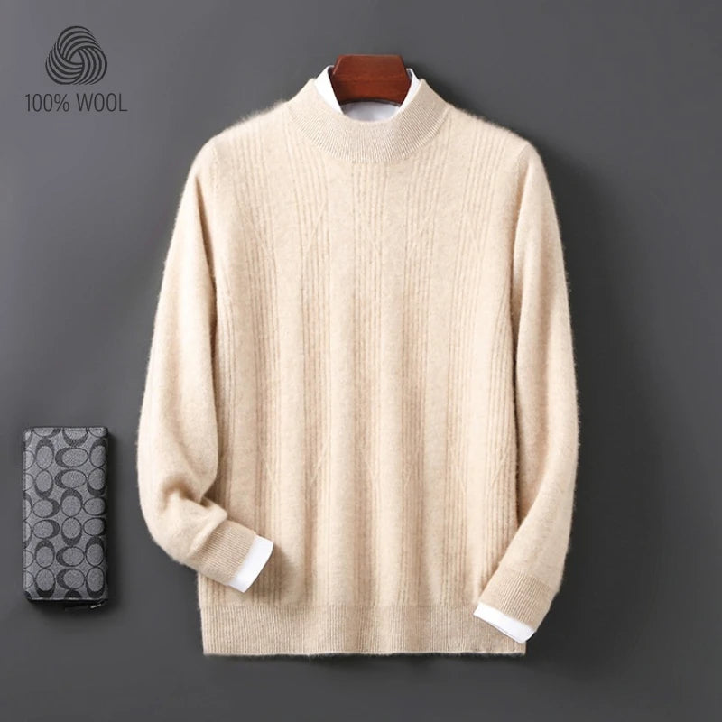 Men's 100% Wool Sweater,  Soft and Warm High-neck Wool Pullover Fine Vertical Stripe
