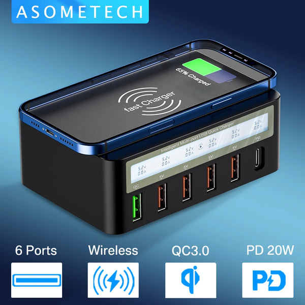 ឆ្នាំងសាក USB 6 រន្ធ សាកលឿន ឆ្នាំងសាកឥតខ្សែ អាដាប់ទ័រឆ្នាំងសាកលឿន USB C PD ឆ្នាំងសាកទូរស័ព្ទ សម្រាប់ iPhone 13 12 11 Samsung Huawei
