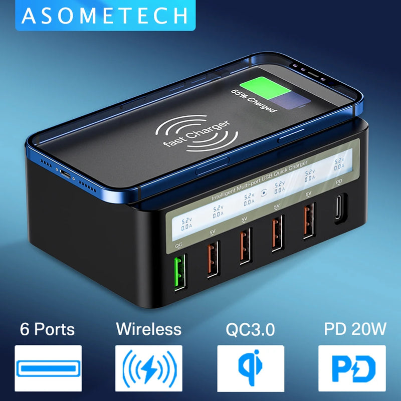 ឆ្នាំងសាក USB 6 រន្ធ សាកលឿន ឆ្នាំងសាកឥតខ្សែ អាដាប់ទ័រឆ្នាំងសាកលឿន USB C PD ឆ្នាំងសាកទូរស័ព្ទ សម្រាប់ iPhone 13 12 11 Samsung Huawei