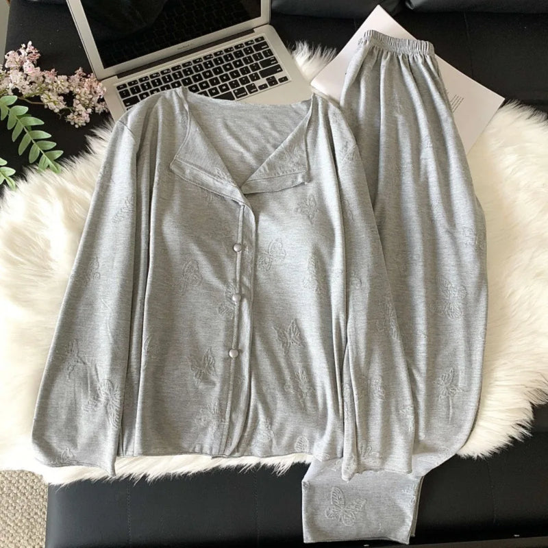 Women's Pajamas Set 2 Piece Chest Pads Sleepwear Casual Loungewear for Spring Autumn Long Sleeve Soft Home Wear Pyjama Femme