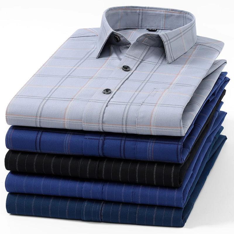 Men's Black Long-sleeve Plaid Shirt for Spring and Fall; Wrinkle-resistant, Quick-drying, Casual Stretch Shirt. White,Gray,Blue.