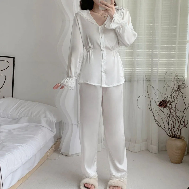2Pcs Sleepwear Women's Pajamas New Solid Color Loungewear for Spring Autumn Long Sleeves Nightwear for Woman Home Clothing Set