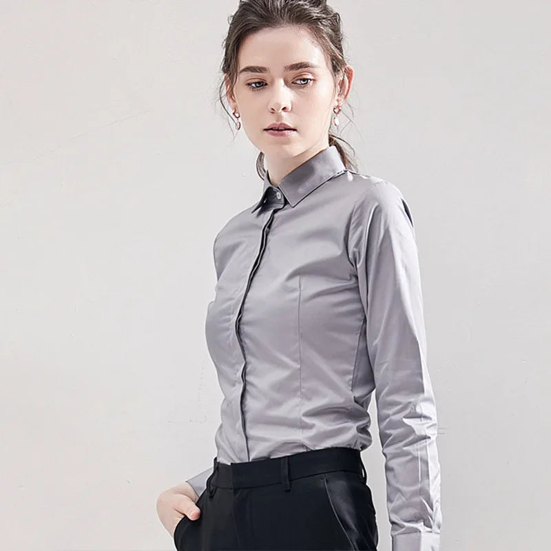 Women's White Collared Long-Sleeved Shirt, Solid Color Business/Office Non-Iron Wrinkle-Resistant Shirts. Black, Gray, Blue Tops