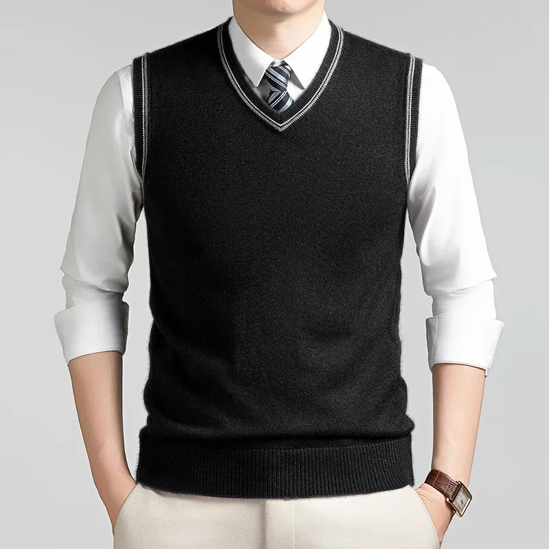 Mens Sleeveless V Neck Knit Sweater Vest Contrast Rib Edge Soft Elastic Knitwear Formal Office Layering Tank Top Fall