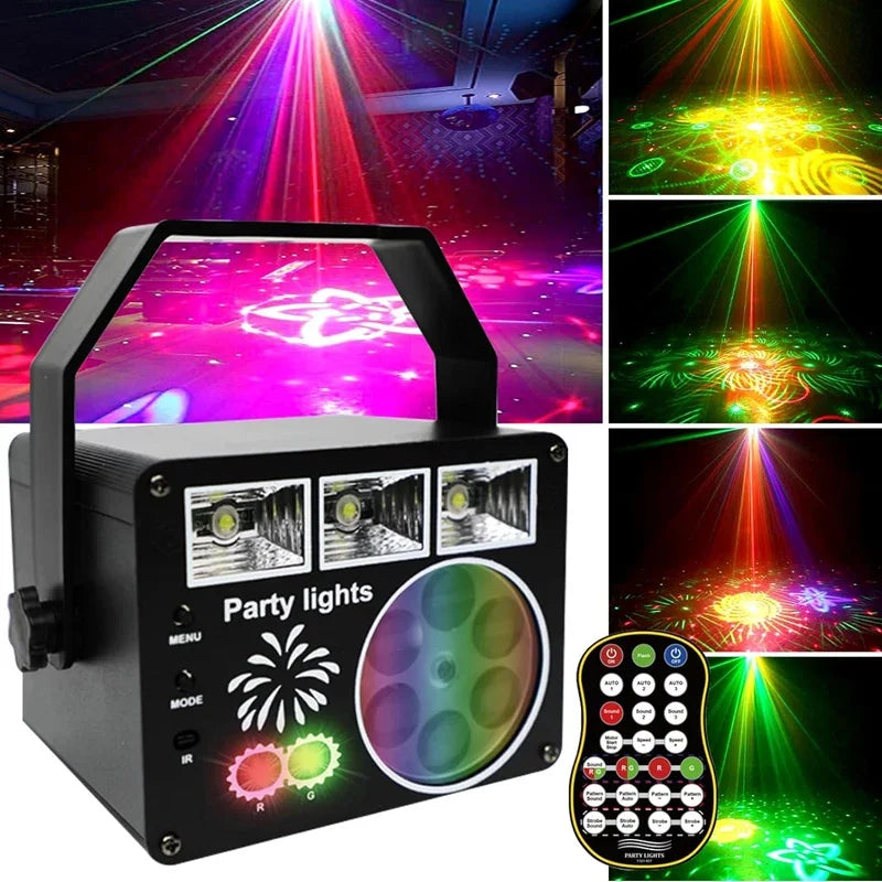LED DJ Laser Projector Stage Disco Lights Rotating Ball Strobe Remote Sound Control Party Light for Christmas Wedding Holiday