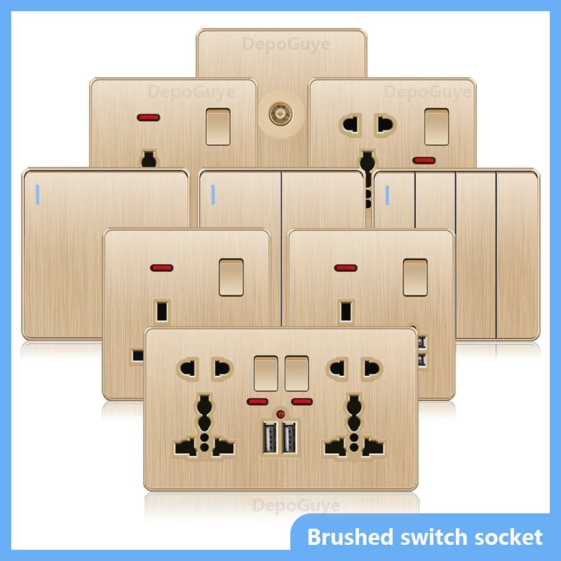 Gold Universal 3/5Pin Plastic Power Socket,UK Wall Outlet With 2.1A Dual USB Port,220V Electrical 2way Switch TV Computer CAT6