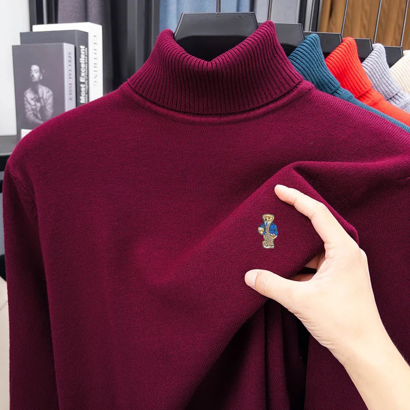 Unisex Long-Sleeved Knitwear High Neck Bear Embroidery Pullover For Autumn Winter Daily Wear Casual Commute Fashion Mens Sweater