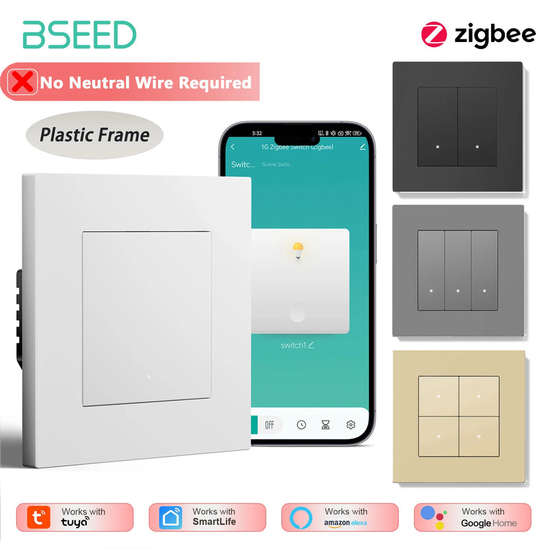 BSEED 1/2/3/4Gang Zigbee Light Switch Smart Click Button Switch Tuya Smart Life Alexa Control Plastic Frame Switch No Neutral