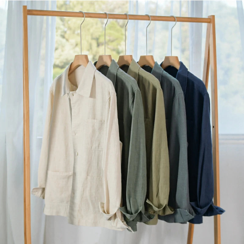 70% ramie 30% cotton high-quality men's long-sleeved shirt  daily casual wear, retro Harajuku style, solid color outdoor jacket