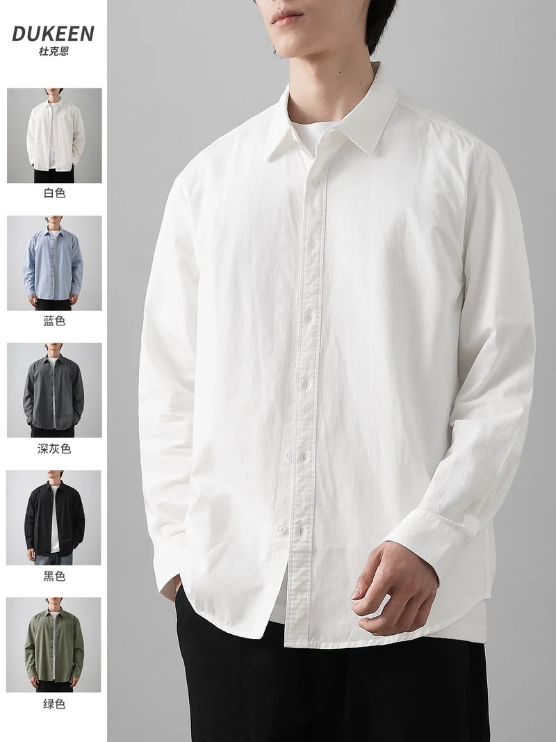DUKEEN 350G Heavyweight Men's Shirts Pure Cotton Autumn Solid Color Long-Sleeve Casual Business Formal Dress White Men's Clothes