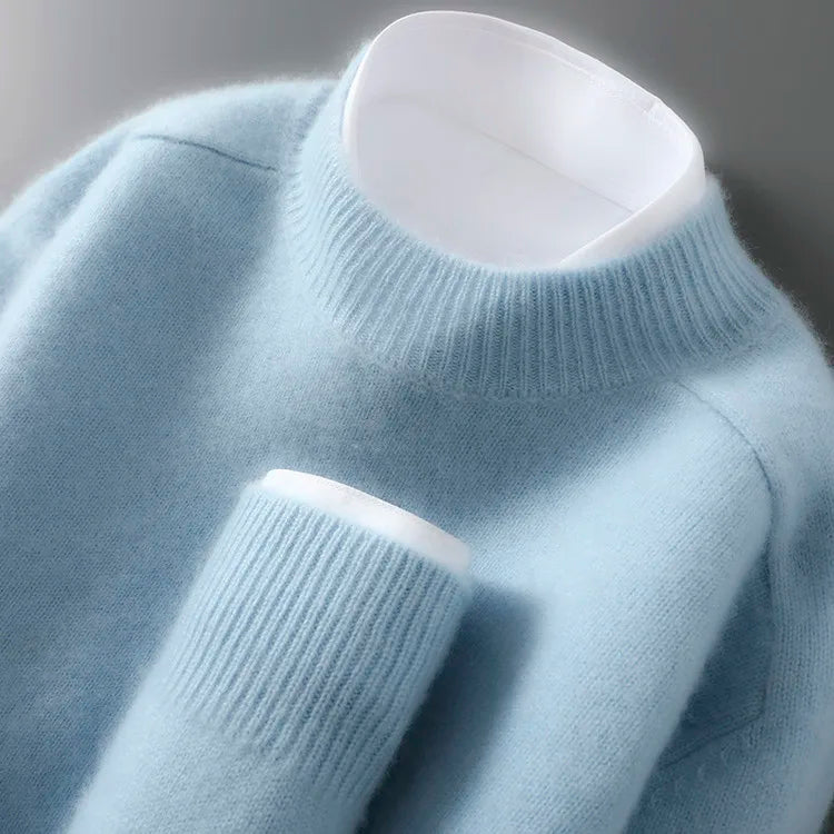 100% Australian Wool Men's New Half Turtleneck Sweater, Flat Seven-Needle Thickened Saddle Shoulder Half High Pullover