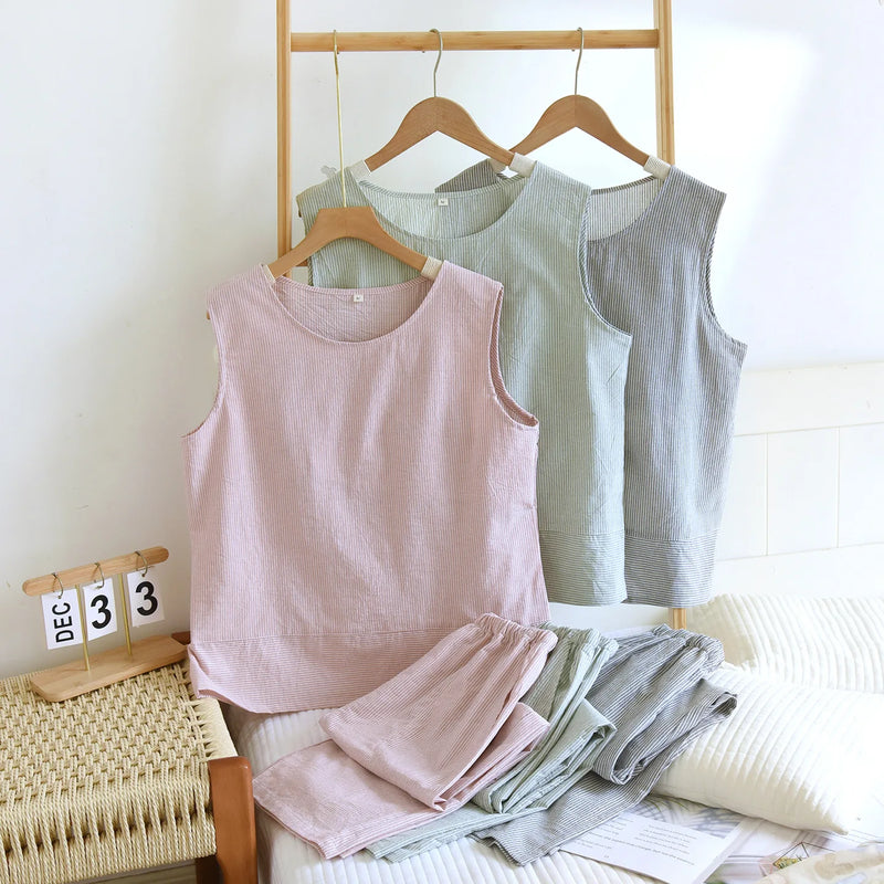Thin Sleeveless Pyjamas Woman Summer Pajamas Sleepwear Women's Cotton Gauze Pure Color 2 Piece Set Night Wear For Ladies Pijama