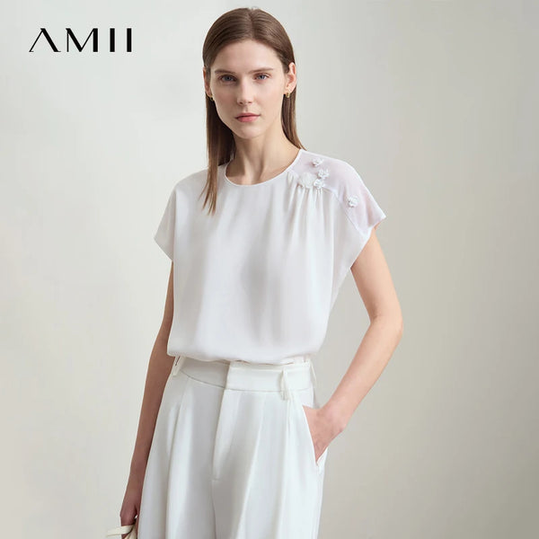 Amii Women Minimalist Blouse 2026 Summer New Solid Color O-Neck Elegant Chiffon Tops Loose Short Sleeves Flower Blouse 12512026