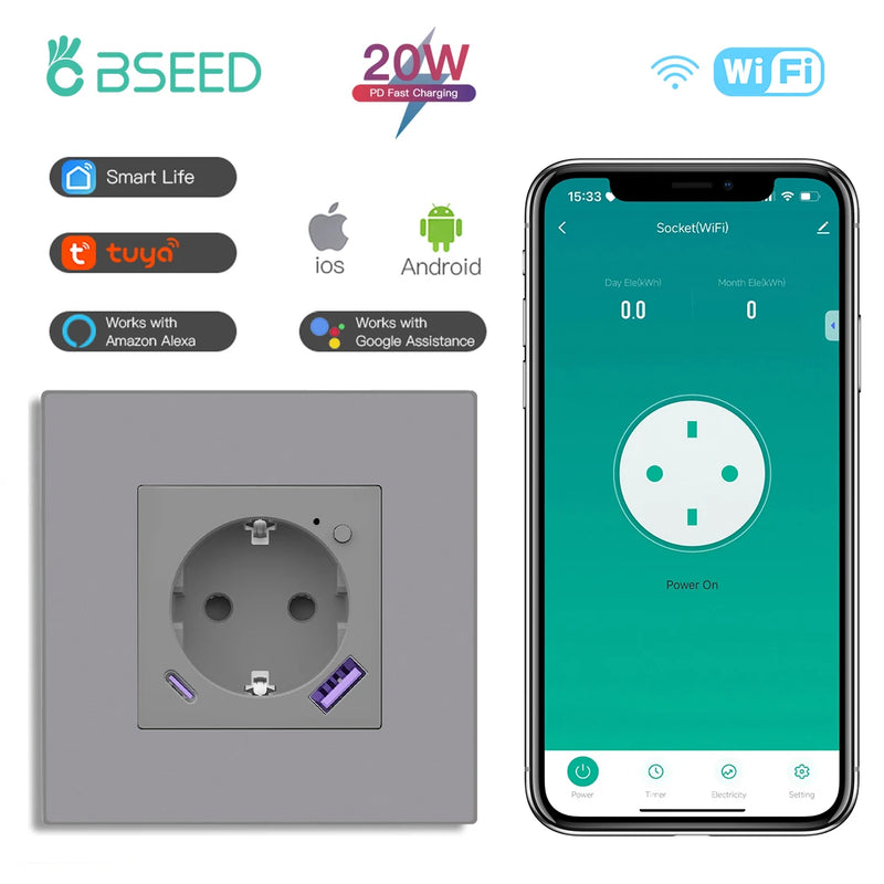 BSEED WIFI Smart Socket With 20W Fast Charge Port Plastic Frame Smart Wall Socket USB Type-C Port Tuya Smart Life Control