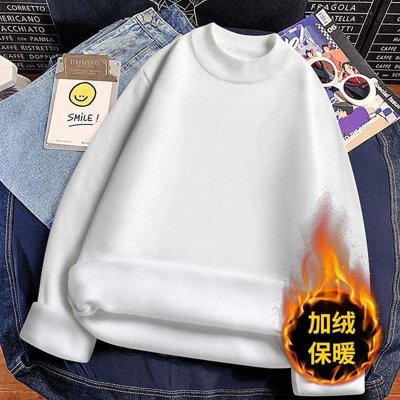 Male Everyday Wear Knitted Pullover Mock Collar Thick Fleece Lining Long Sleeve Warm Sweater For Chilly Weather