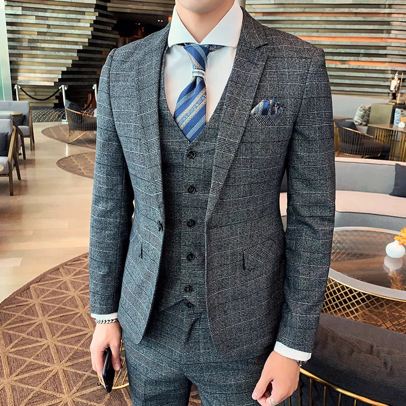 2026 Men Black Classic Striped/Checked Suits, Men's Business Office 3-Piece, Asian Size Slim Fit Sets, Blue/Gray Available