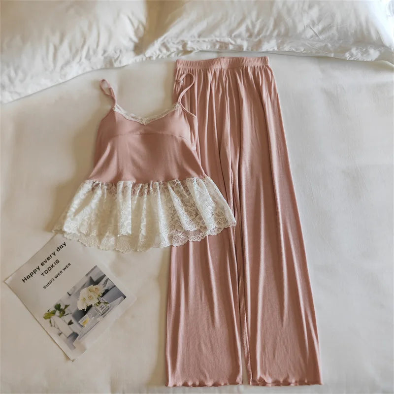 Thin Women's Pajamas Chest Pad Sleeveless Tops and Long Pants Sleepwear 2 Piece Home Clothes Comfortable Loungewear Pijama Suit