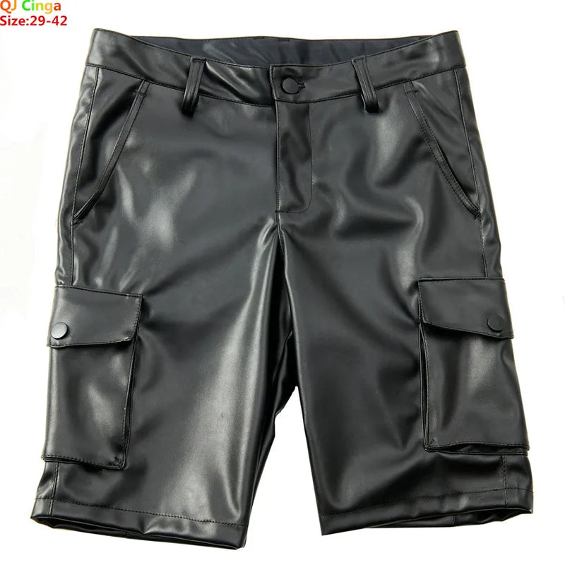 Summer Thin Section Men's Black Stretch Leather Shorts, Work Style Shorts Red White Blue PU Pants Male Five-point Pants 29-40 42