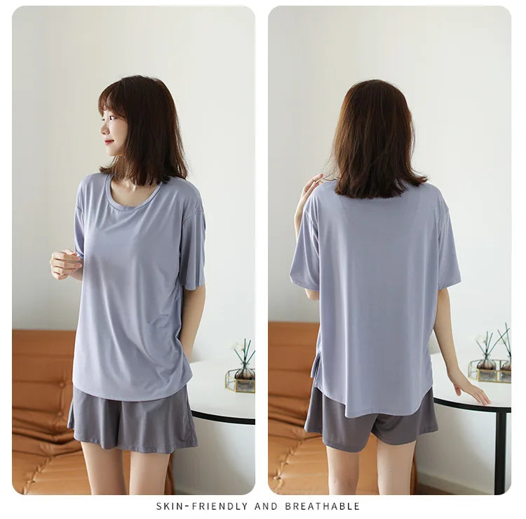 Fdfklak Casual Chest Pads Women Summer Pajamas Set Modal Short-Sleeved Cropped Pants Suits Outside Wear Sleepwear Home Clothes