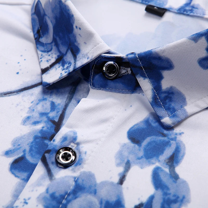 2026 Summer Men's White Short-Sleeved Printed Shirt, Blue Single-Breasted Lapel Shirts, Asian Sizes M-7XL.