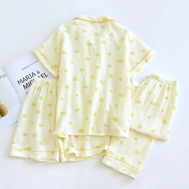 Women's Summer 3PCS Pajama Sets Lapel Short Sleeve Sleepwear Homewear Loungewear Cardigan Home Suit Pijama Night Wear Female