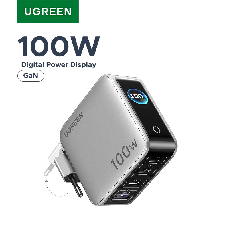 UGREEN 100W GaN Charger With Smart Display EU/UK/US Foldable Plug QC4.0 AVS For Macbook Pro Laptop iPhone 18 17 Pro iPad Samsung