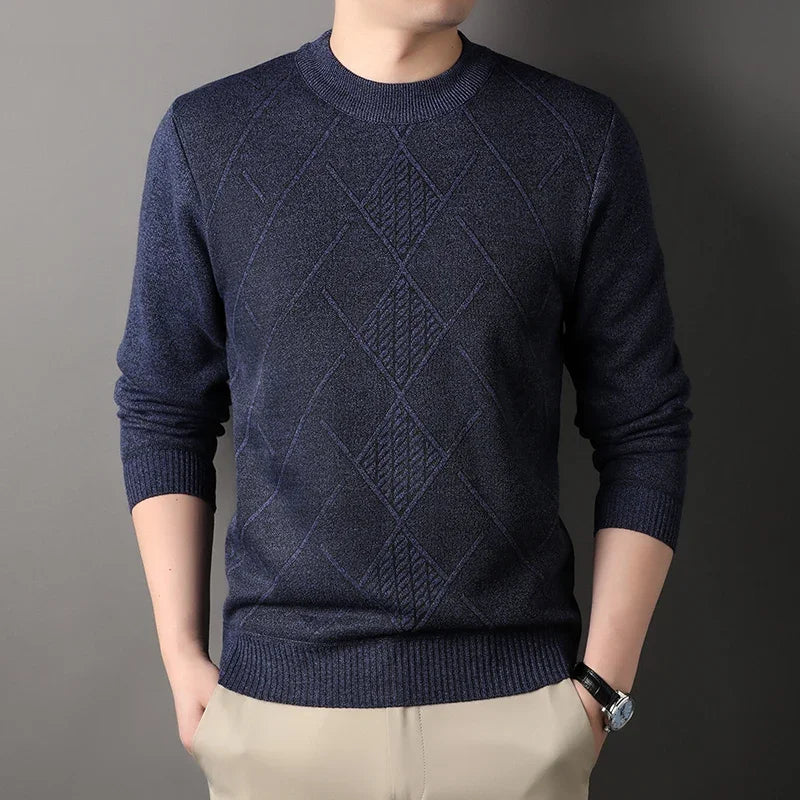 Stretch Crew Neck Male Knitted Pullover Embossed Diamond Pattern Fleece Lined Cold Proof Casual Long Sleeve Top