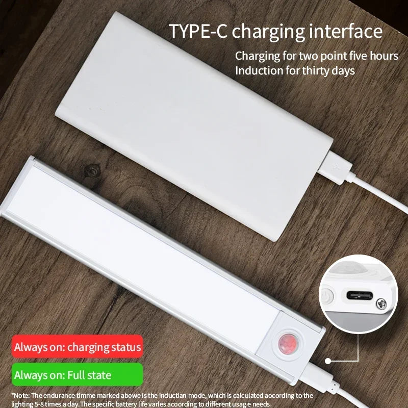 10-60CM LED Night Light Wireless Motion Sensor Under Cabinet Lights Ultra Thin USB Rechargeable Lamp Kitchen Bedroom Lighting