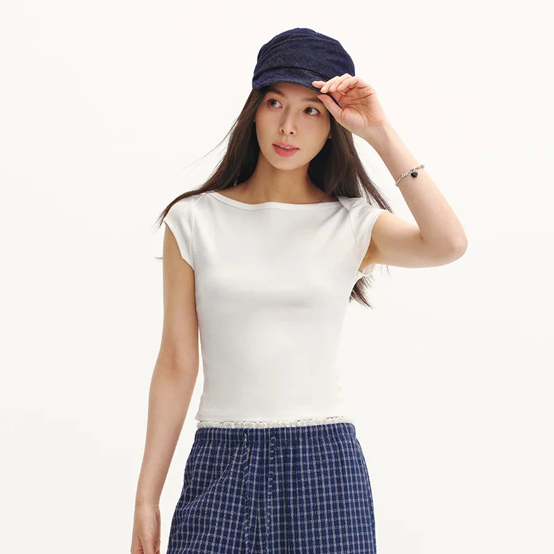 Semir Womens Tshirt 2026 Short Style Slash Neck Slim Solid Color Cool Feeling Casual Fashion