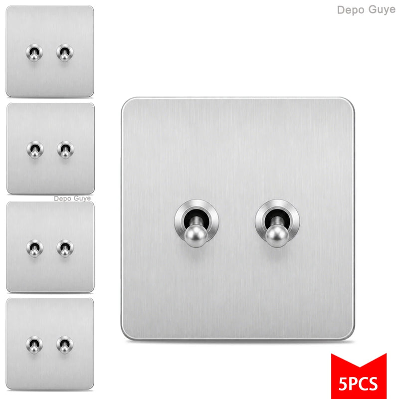 5/10PCS Toggle Wall Switch Grey Stainless Steel ,1/2/3/4 Gang 2Way Light Brass Lever Switch Panel For Home Improvement