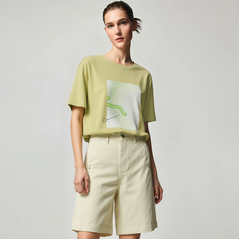 Amii T-shirt Women 2026 Summer New Printed Round Neck Cotton Tee Loose Casual Drop Shoulder Short Sleeve Tops Woman 12652008