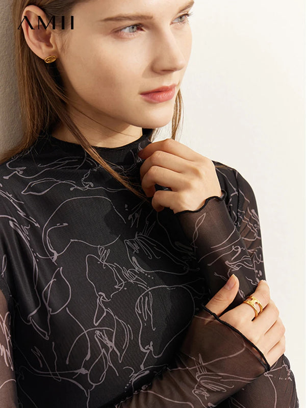 Amii Minimalism 2026 Autumn New Long Sleeve T-shirts Women Fashion Mesh Print Thin Tops Office Lady Slim Woman Clothing 12423105