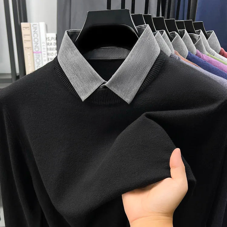 Men's Grey Faux Two-Layer Knit Sweater, Button-Down Shirt Collar with Soft Wool Blend Fabric, Smart Business Autumn Casual Wear