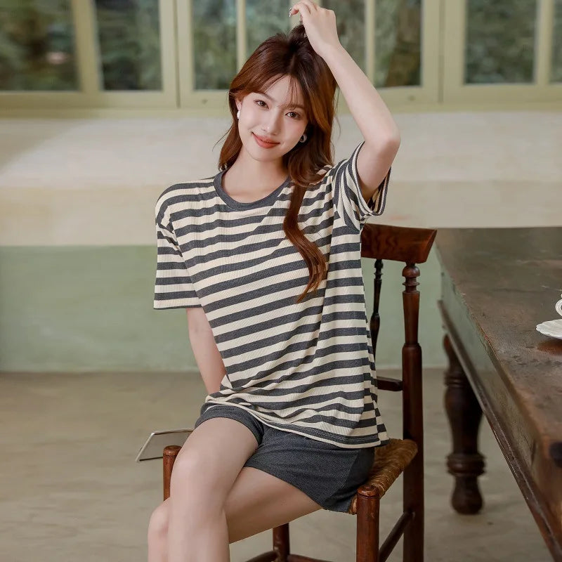 Korean Summer Pajamas Plus Size Comfortable Women's Sleepwear Set Fashion Striped Short Sleeve Shorts Suit Loose Home Wear