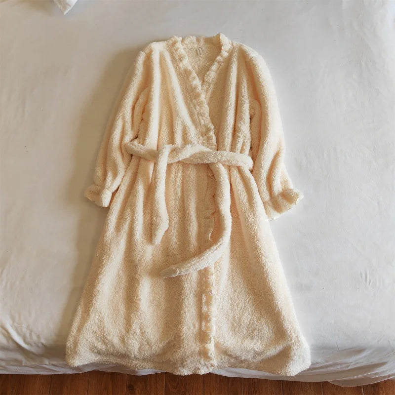 Winter Sleeping Pajamas Coral Fleece Warm Sleepwear Robe Loose Flannel Thicken Home Wear Bathrobes For Women Nightwear Clothes