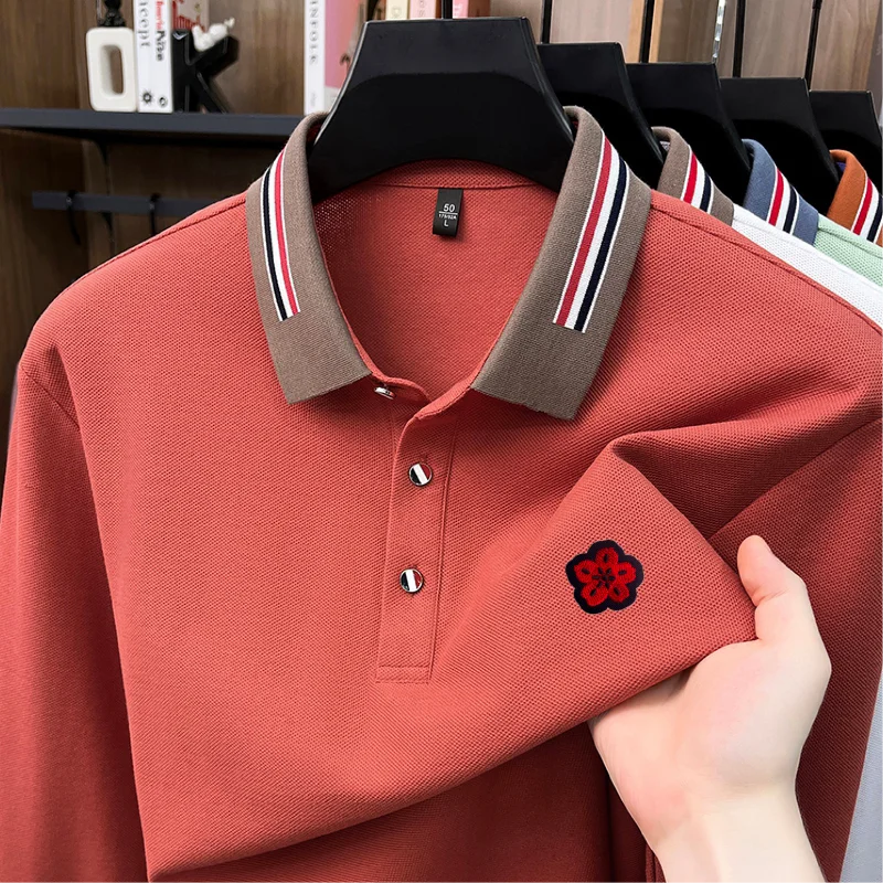 100% Cotton Man Long-Sleeved Polo Shirt Lapel Button Color Blocking Flower Embroidery Autumn New Leisure Fashion Men's Clothing