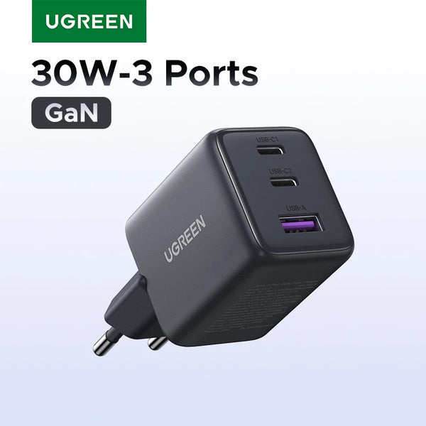 UGREEN 30W GaN Charger 3 Ports PD 3.0 USB C Charger For iPhone 18 17 16 Pro Samsung S25 Xiaomi Tablet iPad Air Pro Phone Charger