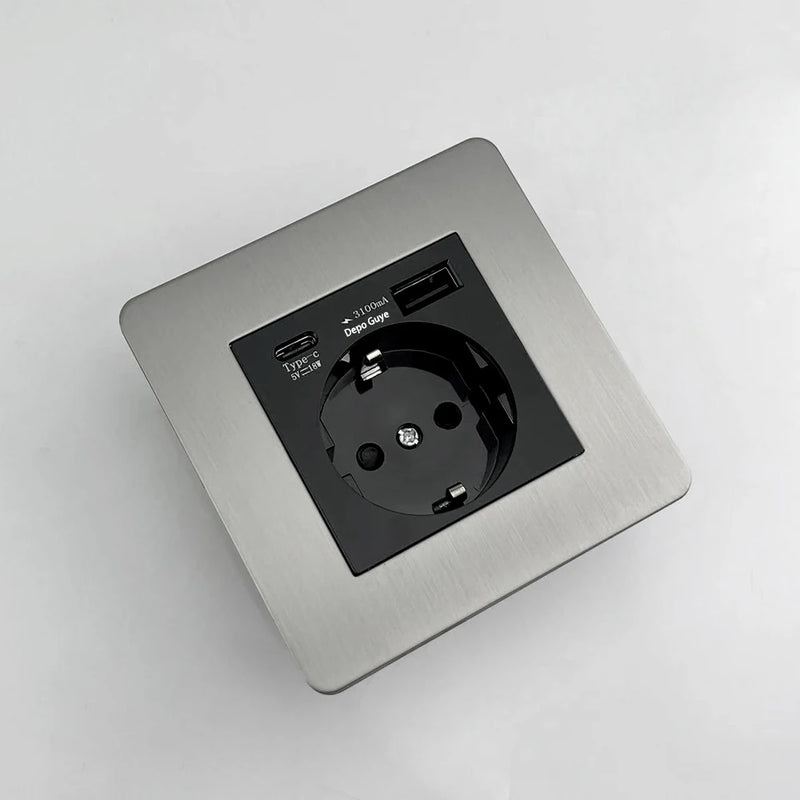 Retro EU French Standard Metal Double USB Wall Power Socket,Brushed Stainless Steel Antique Outlet with Type-c Usb Charing Port