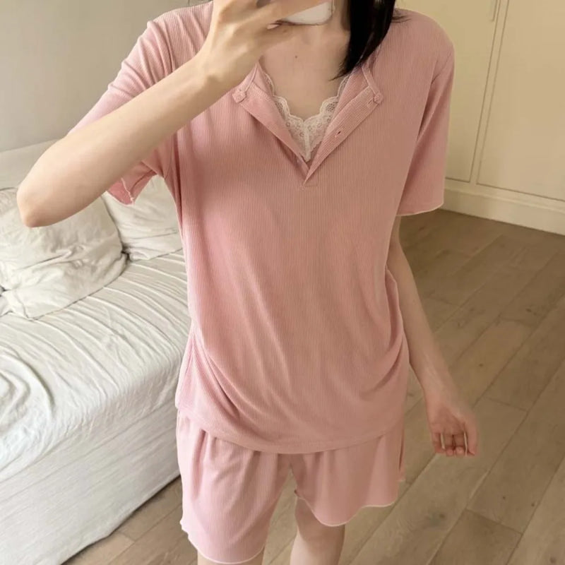 Thin Women's Sleepwear Pyjama Shorts Suit Pijama Femme Loungewear Pj Sets Solid Color Home Clothes Summer New Loungewear Suit