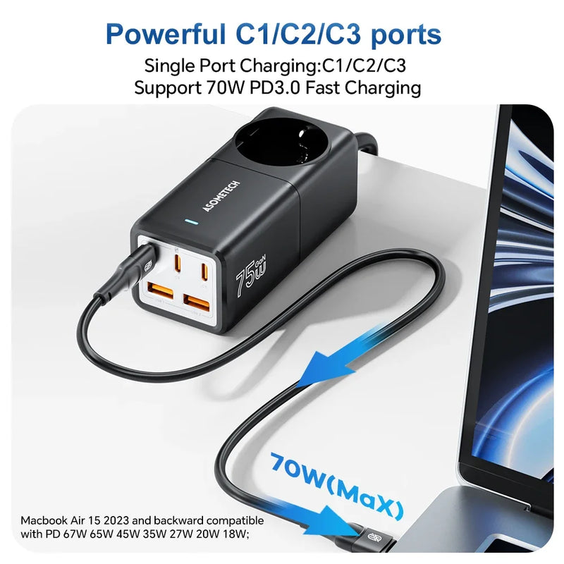 ឆ្នាំងសាកលឿន GaN Desktop 75W QC4.0 3.0 PD3.0 ស្ថានីយ៍សាកសម្រាប់ iPhone 14 13 Pro Max Xiaomi Samsung MacBook Laptop