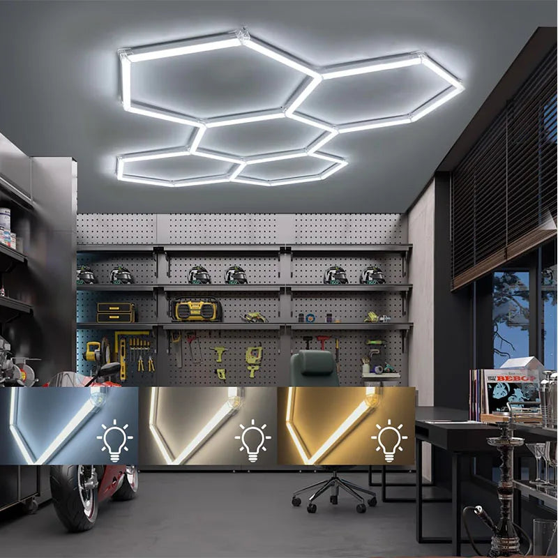 ភ្លើង LED Hexagon សម្រាប់យានដ្ឋាន មានរបៀបពន្លឺ 3 ភ្លើង LED Hexagon សម្រាប់តុបតែងរថយន្ត ហាងកាត់សក់ បន្ទប់ក្រោមដី ហាងកែសម្ផស្ស និងកន្លែងហាត់ប្រាណ