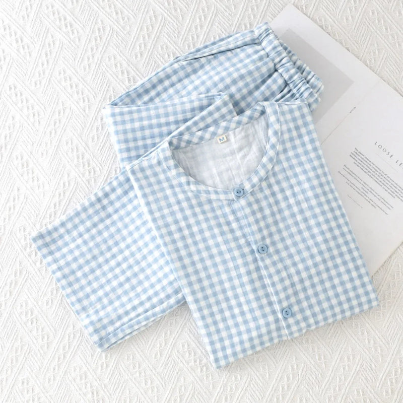 Thin Men Summer Pajama Short Sleeve Sleepwear Lounge Set New Plaid Pijamas for Men's Loungewear Button-Down Top Home Clothing