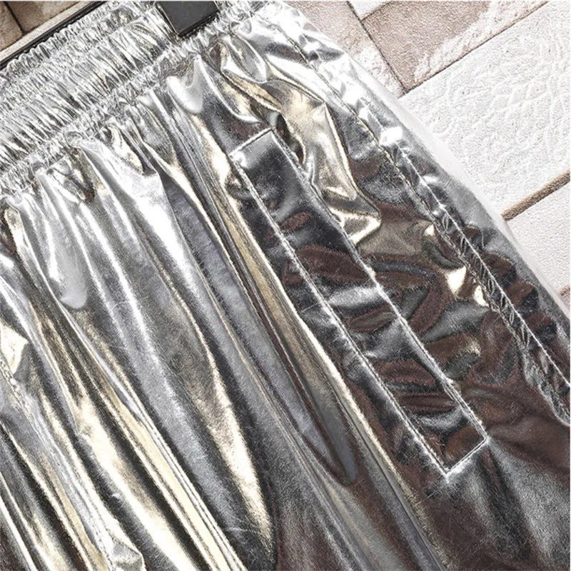 Gold Mens Pants, Elastic Waist Casual Trousers, Silver Fashion Loose Straight Leg Pant, Great for Dance Performances