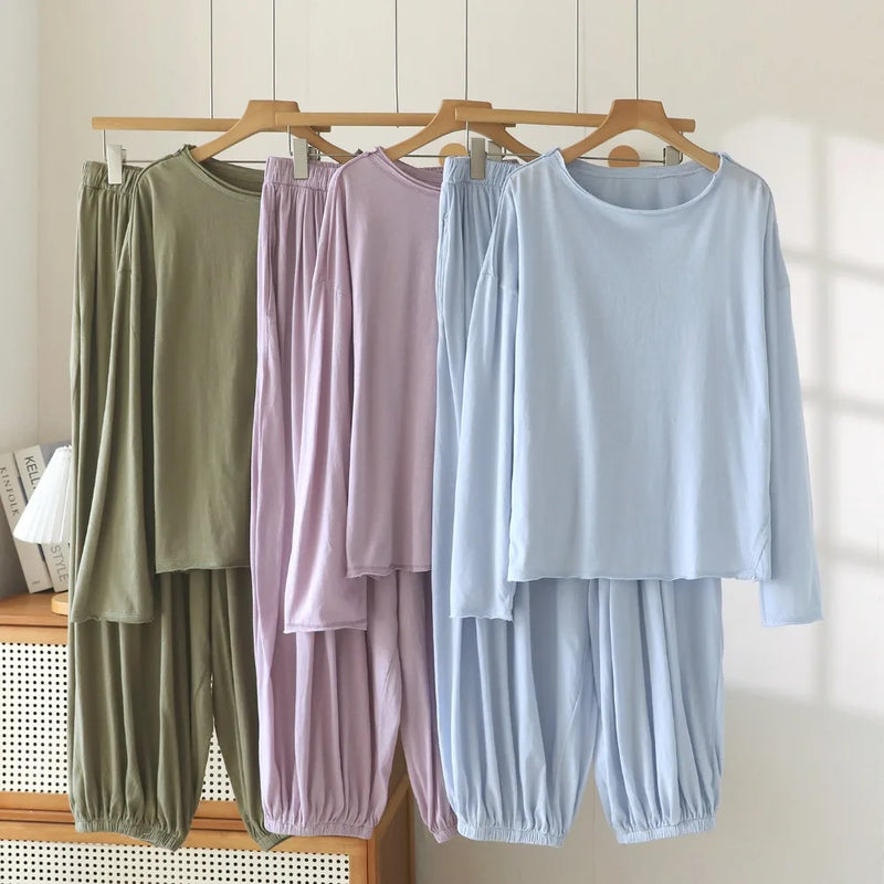 Casual 2 Piece Pyjamas Woman 2026 New Pajamas Suit Spring Autumn Long Sleeve Solid Color Sleepwear Set Pijama Tops and Pants