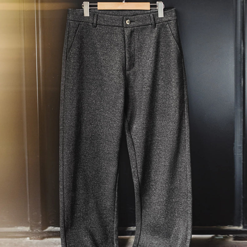 Maden Men's Grey Thickened Wool-Like Dress Pants Straight-Leg Casual Long Pants Warm Commuter Office Trousers for Autumn Winter