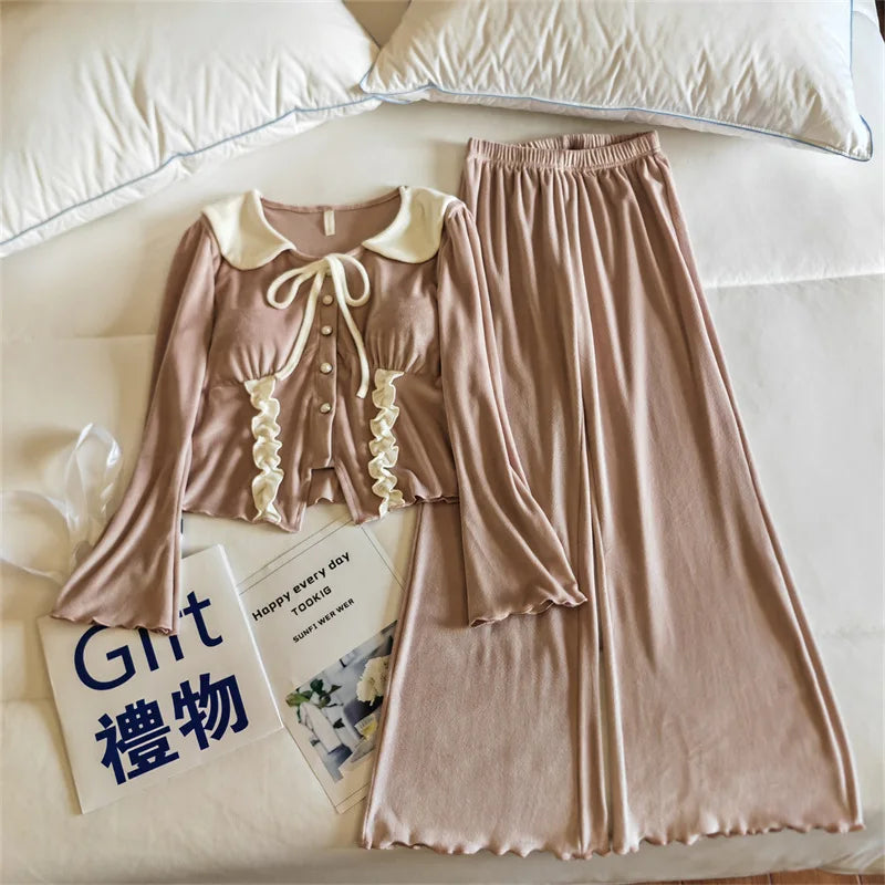 ឈុតគេងនារី Elegant Island Velvet Warm Women's Pajamas Set Chest Pad Top Home Suit For Women Nightwear Winter Sleepwear
