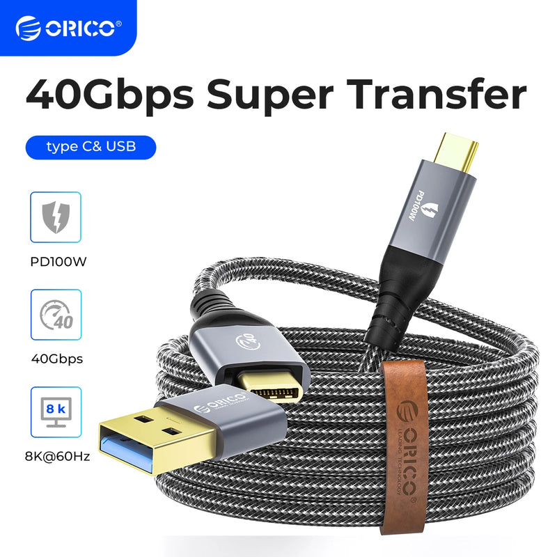 ORICO 2 In 1 40Gbps USB C Cable PD100W Fast Charger Cord 8K @60Hz HD USB 3.0 to USB C Cable for Macbook Thunderbolt 4 PS4