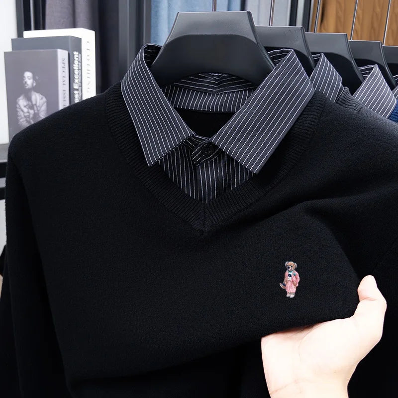 Multi-Color Selection Man False Two-Piece Long-Sleeved Knitwear Bear Embroidery Autumn Winter New Pullover Casual Men's Clothing